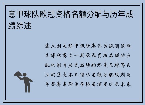 意甲球队欧冠资格名额分配与历年成绩综述
