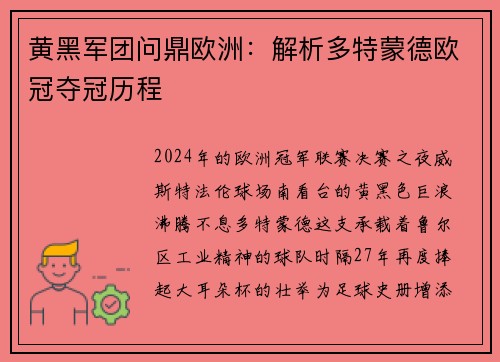 黄黑军团问鼎欧洲：解析多特蒙德欧冠夺冠历程